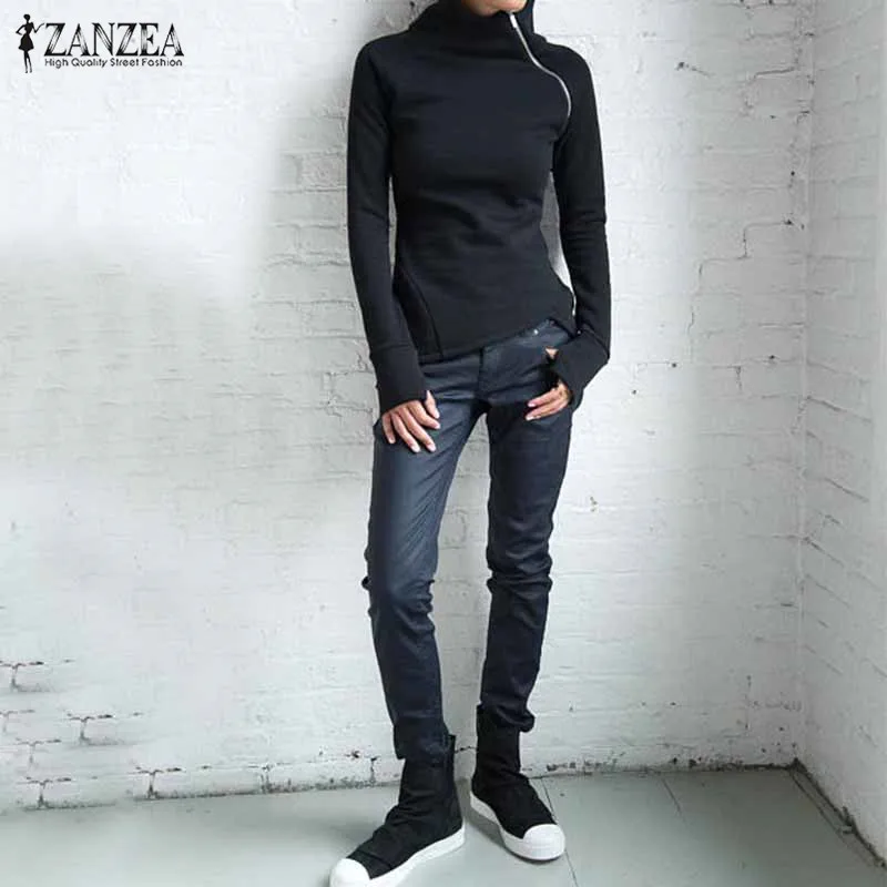 ZANZEA Women Hoodies Sweatshirts 2021 Autumn Casual Solid Long Sleeve Turtleneck Pullovers Zippers Slim Fit Blusas Plus Size Top | Женская