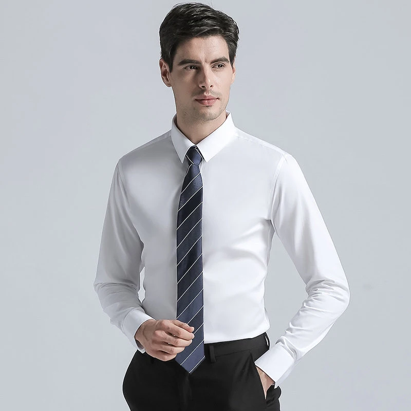 Top Quality Men's Cotton Blend Shirts Solid Color Long Sleeve Business Suits Shirts Brands New Regular Fit Formal Shirts White