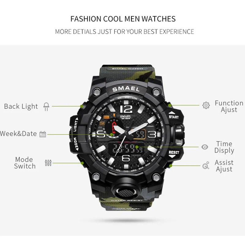 Smael бренд Для мужчин часы Dual Time камуфляж Военное Дело часы цифровые часы LED наручные часы 50 м Водонепроницаемый 1545B Для мужчин часы спортивные часы