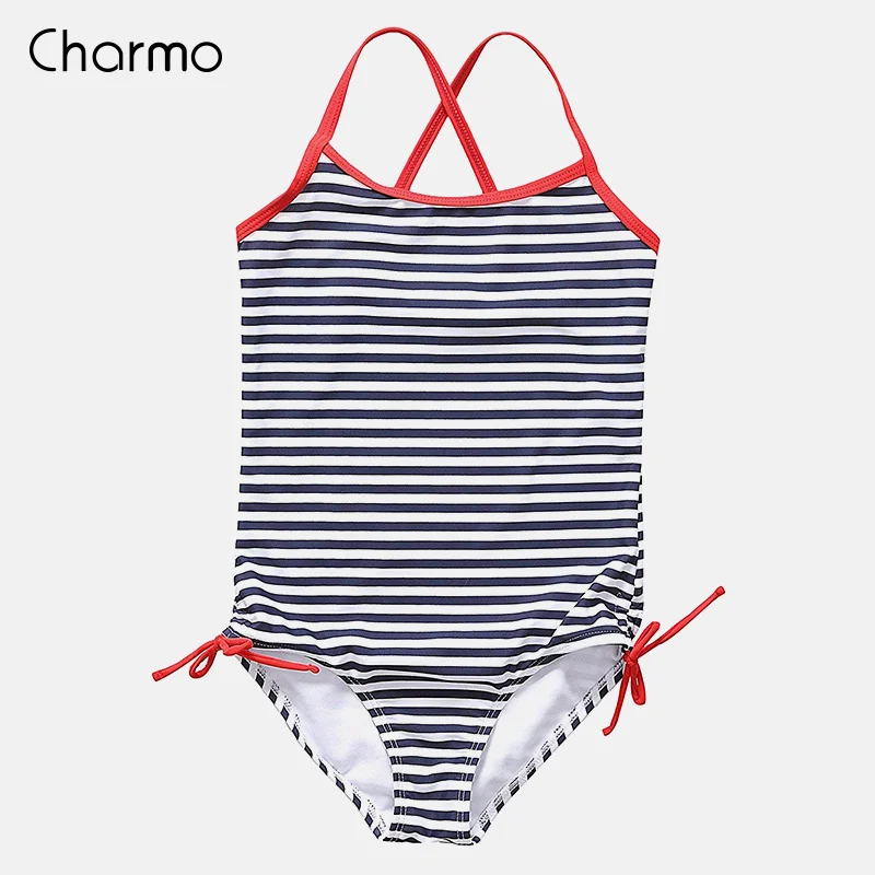 Charmo/слитные купальники для девочек, купальник в полоску с принтом, детское бикини с завязками сбоку, милая пляжная одежда, Детские слитные костюмы