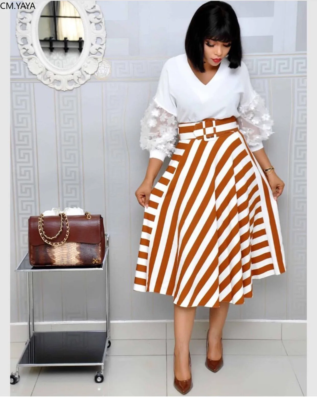 2019 women summer new long sleeve o-neck Midi dress Striped Pleated fashion sashes vintage Africa vestidos dresses GLAM356 | Женская