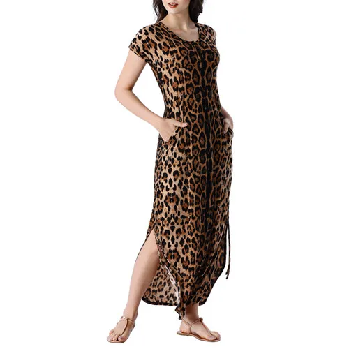 Brown Leopard Vfemage, женское летнее свободное Повседневное платье с пуговицами, карманами и завязками по бокам, пляжные вечерние платья, длинное платье макси 2870 - Цвет: Brown Leopard