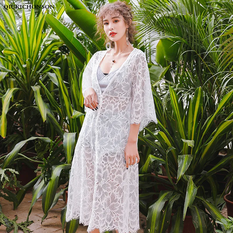 

Beach Kimono Cardigan Summer Fairy Bohemian Tops Ladies Single Breasted V Neck Flare Sleeve Side Slit Floral Eyelash Lace Blouse