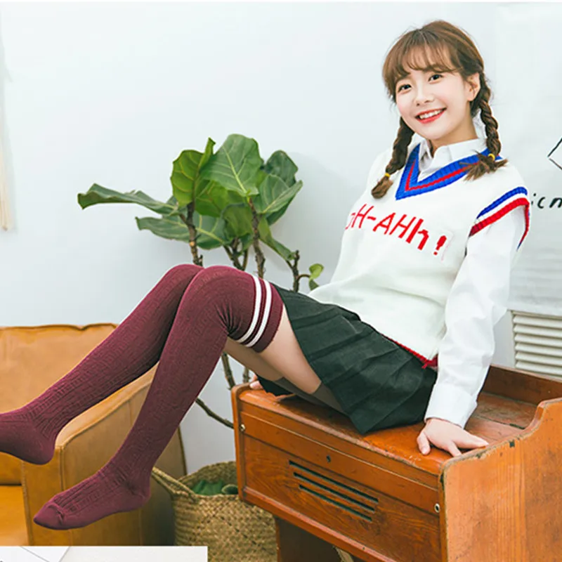 

Spring Women Girl Thin Thigh High Stockings Knee High Socks Cute Japen Student Long Cotton Over Knee Socks AD0426