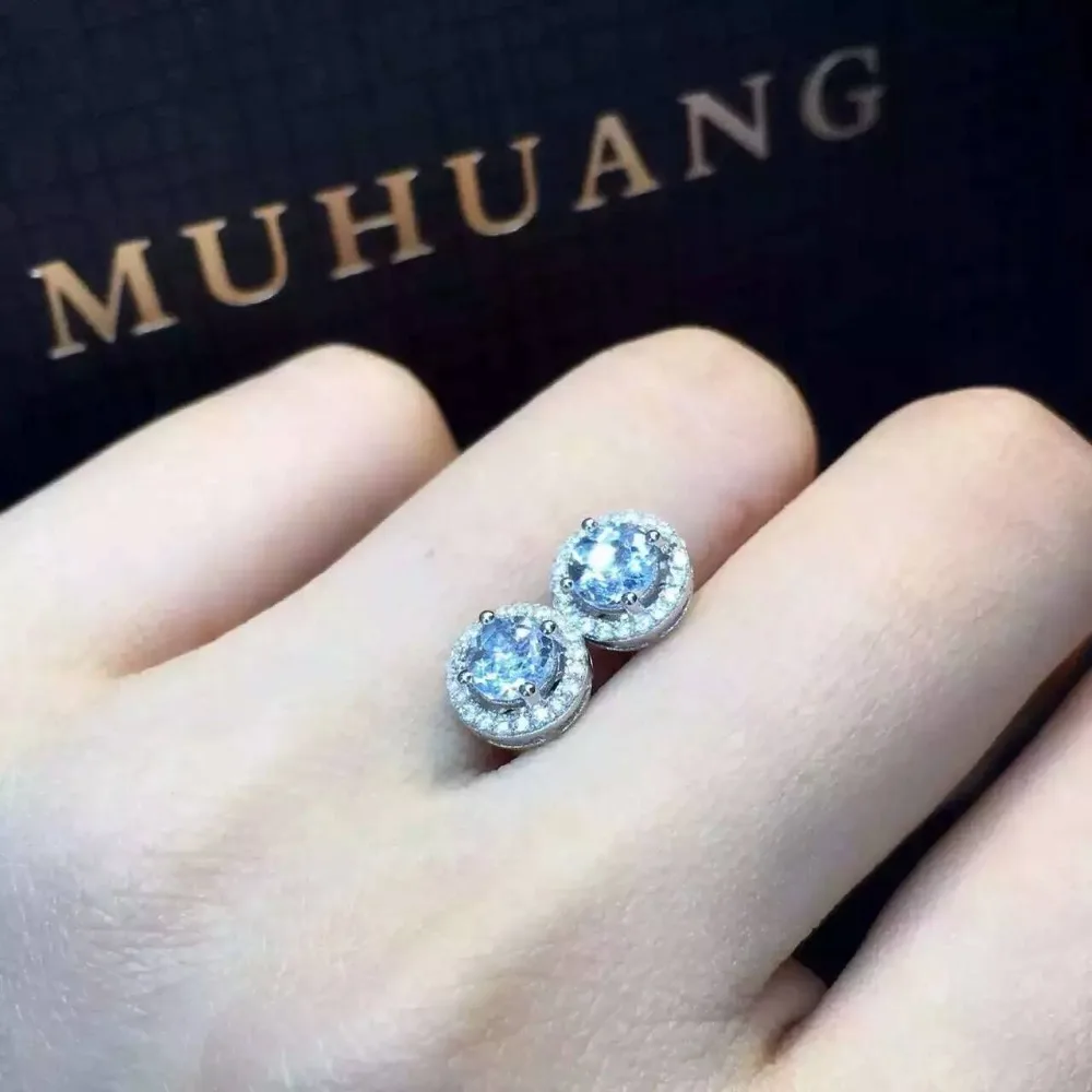 Серьги-гвоздики женские круглые из серебра 925 пробы с натуральным голубым