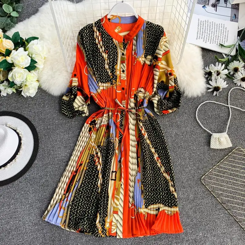 

2019 Loose Long Sleeve Chiffon Dress Women Summer Vintage Style Print Geometry Pattem Sashes Chiffon Shirt Dresses RE2473