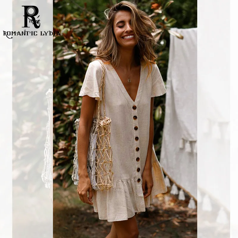Летнее винтажное льняное платье Coton Button абрикосовое повседневное Короткое мини с