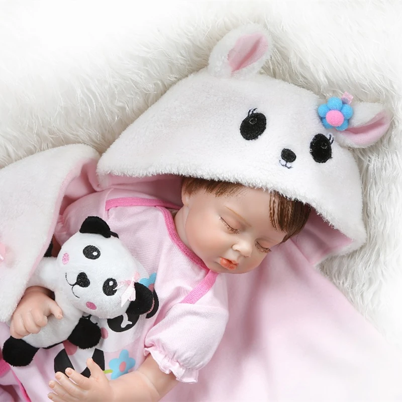 NPK 55cm Newborn Baby Doll Bebe Realistic Reborn Sleeping Girl Soft Cotton Body Rooted Hair In Panda Dress | Игрушки и хобби