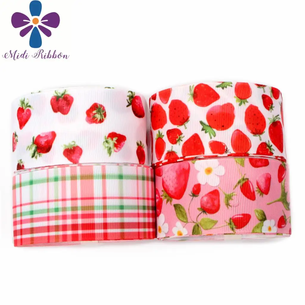 

16mm-75mm Strawberry Series Check Stripe Flower Printed Grosgrain/Foe Ribbon DIY Hair Bowknots Party Decor 50yards/roll