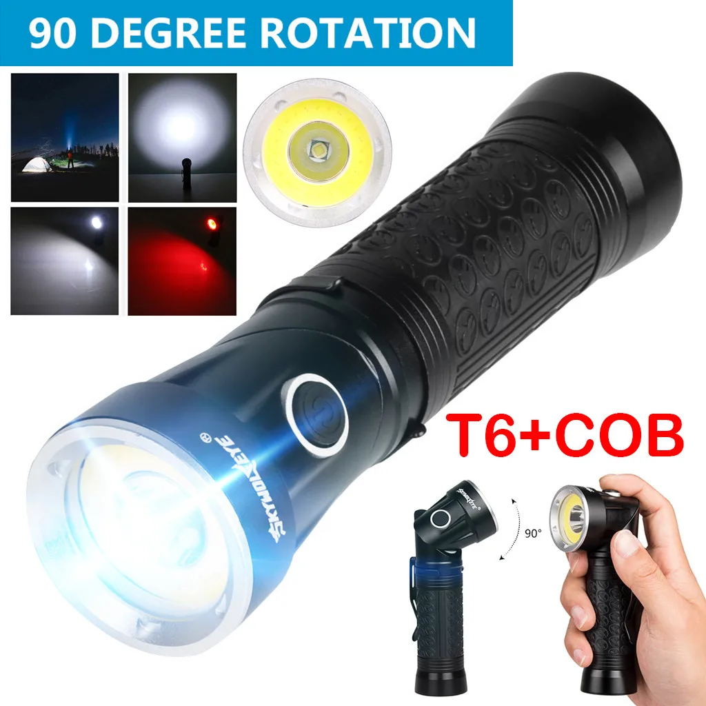 Светодиодный фонарик 18650 батарея T6 + COB 90 градусов складной многофункциональный