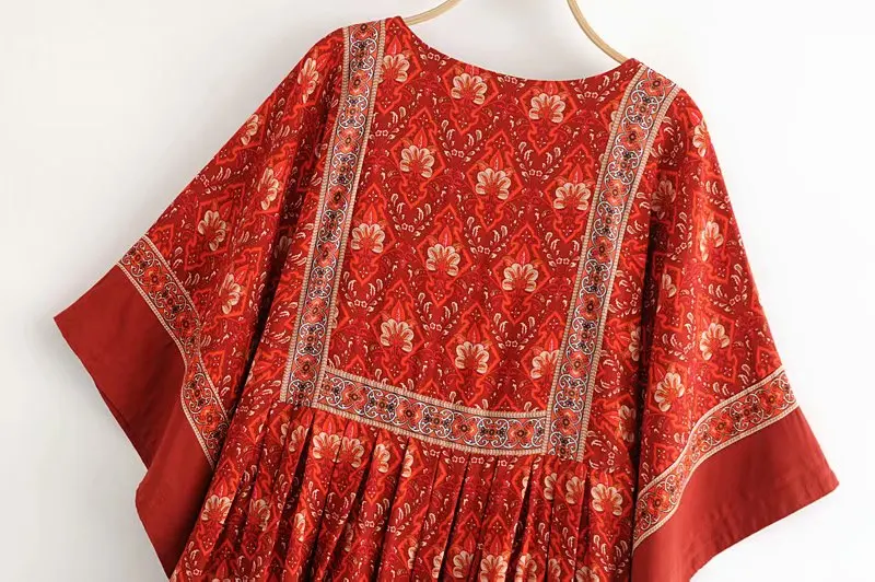 Vintage chic Women red floral print o-neck loose happie Bohemian mini dress ladies batwing sleeve Boho dresses vestidos