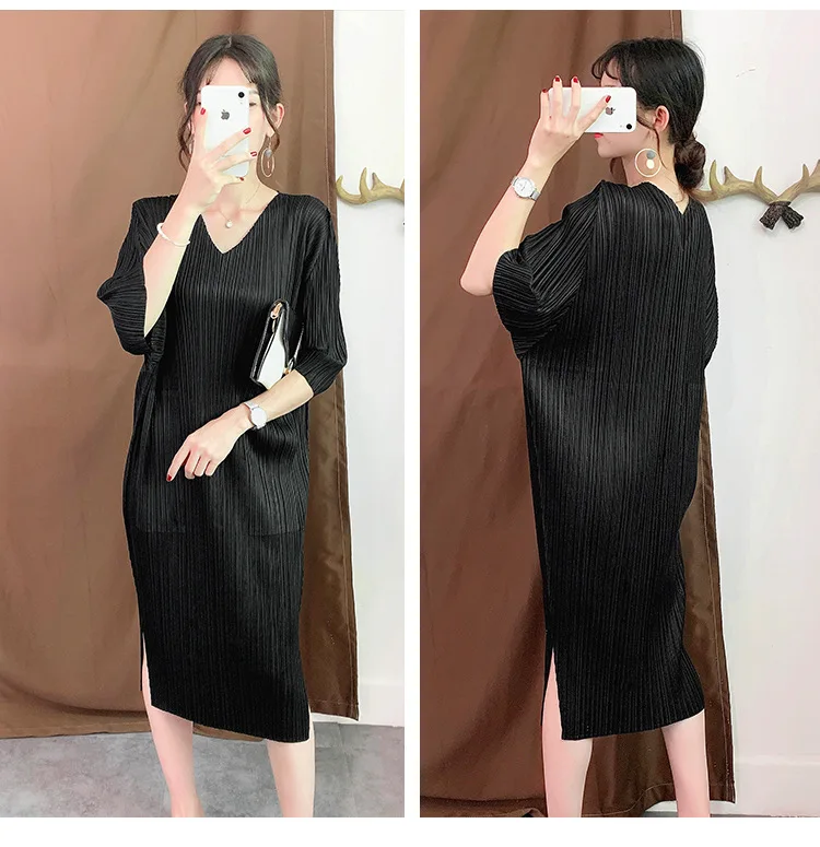 Miyake fold платье с v-образным вырезом летнее Новое свободное платье плюс размер рукав летучая мышь Плиссированное женское платье sanzhai