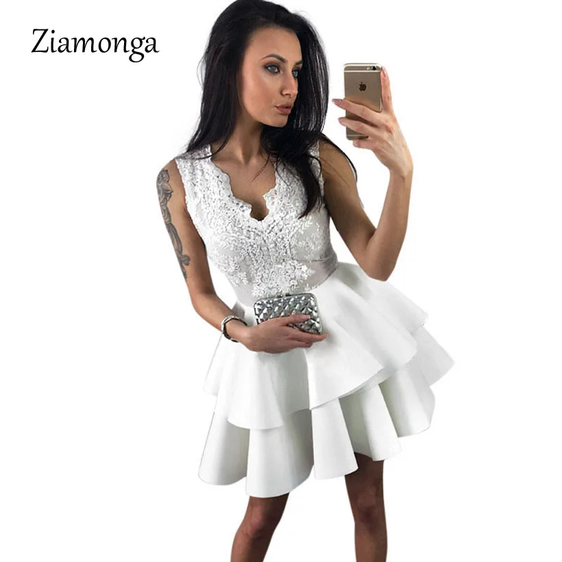 White Ziamonga, сексуальное платье с v-образным вырезом для свадебной вечеринки, черное платье, летнее кружевное платье для женщин, короткое белое платье трапециевидной формы - Цвет: White