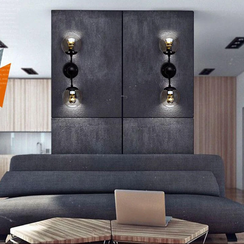Creative Ball Style Glass Wall Lamp Retro Black Single Double Heads Iron E27 Light For Bedroom Restaurant Bar Hotel Cafe | Лампы и