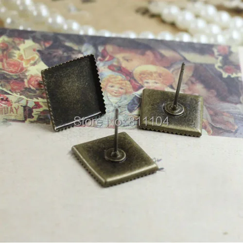 

10mm Blank Stud Earrings Bases Settings Square Bezel Tray Cabochons Pins Stud Earrings post Finding DIY Crafts Bronze tone
