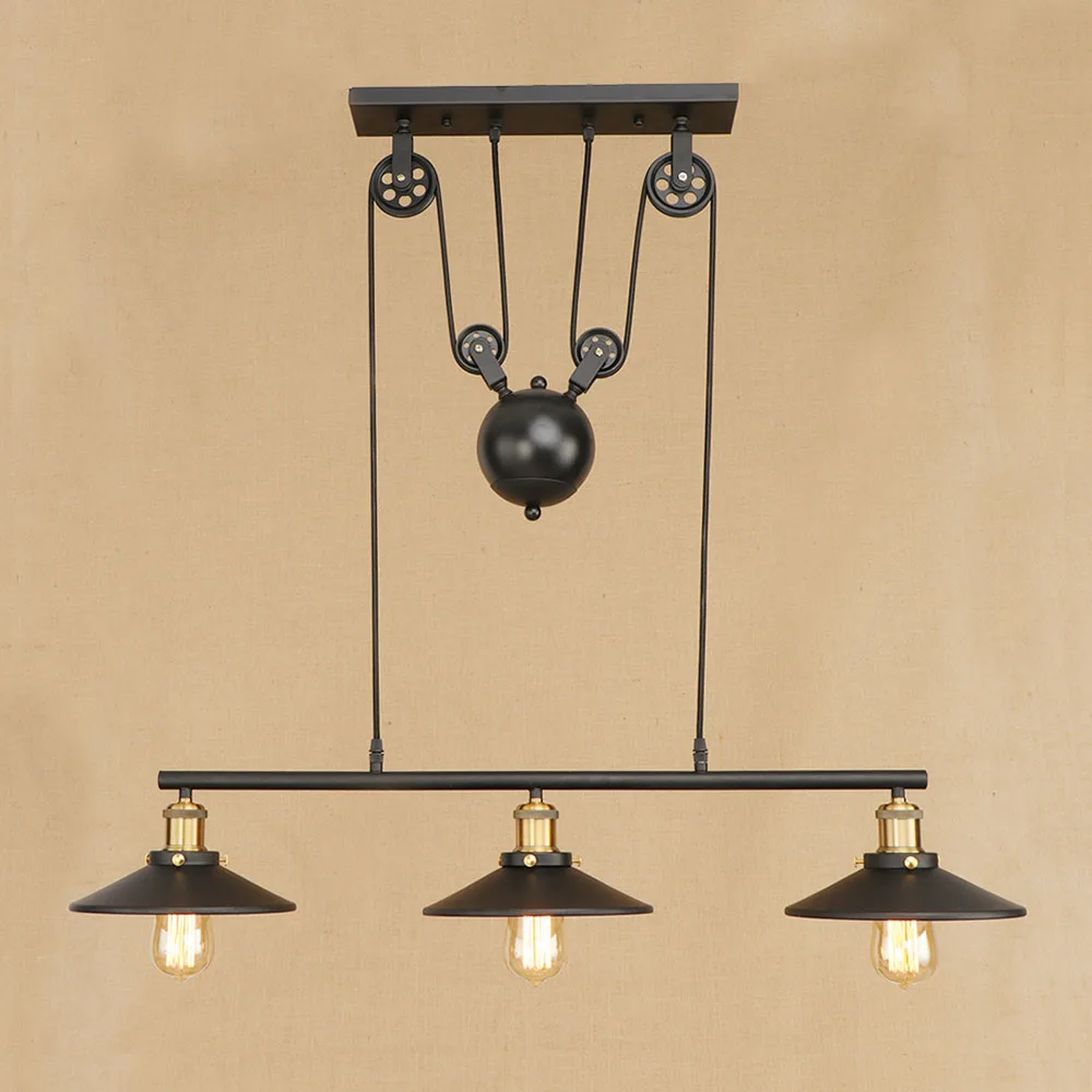 3 head retro Hanging black Pendant Lamps E27 LED Light adjustable vintage pulley for living Room bar restaurant Kitchen Lighting
