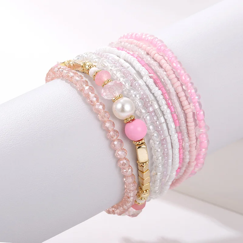 10 pcs/lot Boho Multi layer Imitation Pearl Crystal Glass Beaded Elastic Bracelets Bangles Set for Women Wedding Party Gifts|Браслеты с