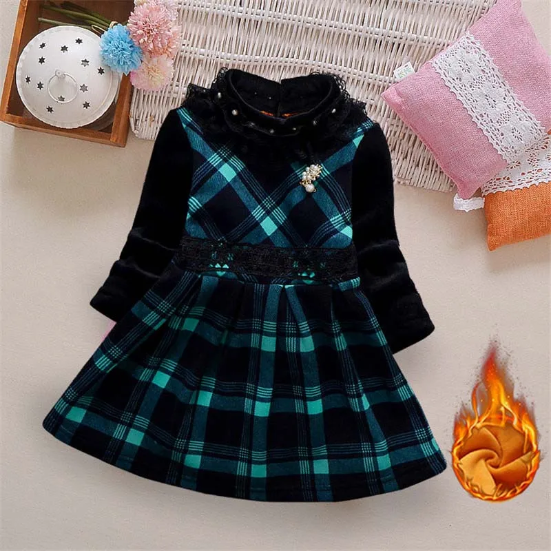 BibiCola Winter Girls Dress Children Long Sleeve Plaid Kids Thick Warm Velvet Christmas Baby Princess Costume | Детская одежда и