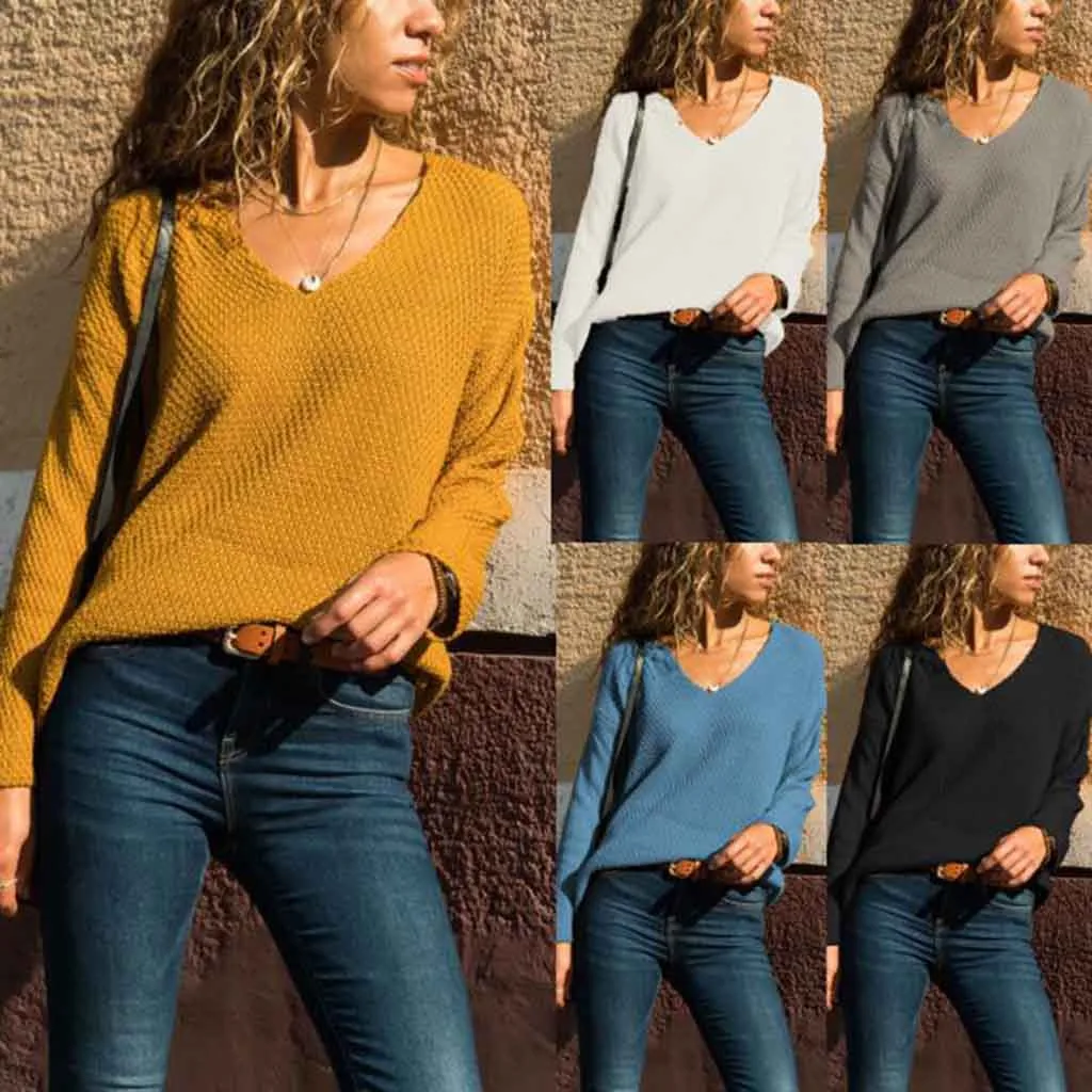 

JAYCOSIN New Fashion sweater knit Women's Sweater V-Neck Solid Color Matching Long-Sleeved Slim fit Sweater female Pullover 2019