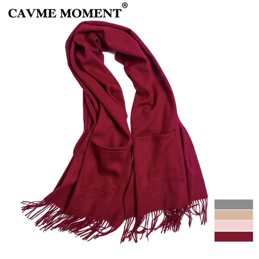 

CAVME 100% Wool Solid Color Scarf with Pockets Women Largue Scarves for Ladies 2018 Fashion Wraps Shawls 70*200cm 325g