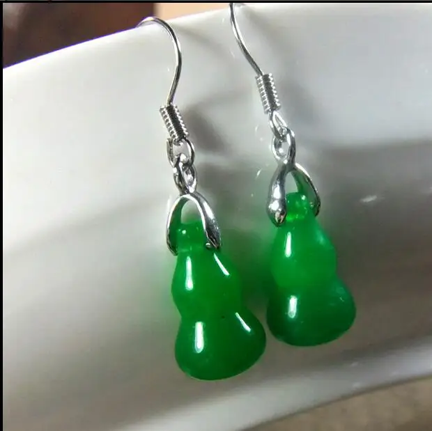 925 Silver Beautiful Green Jade Bottle Gourd Dropping Necklace Hook Earring | Украшения и аксессуары