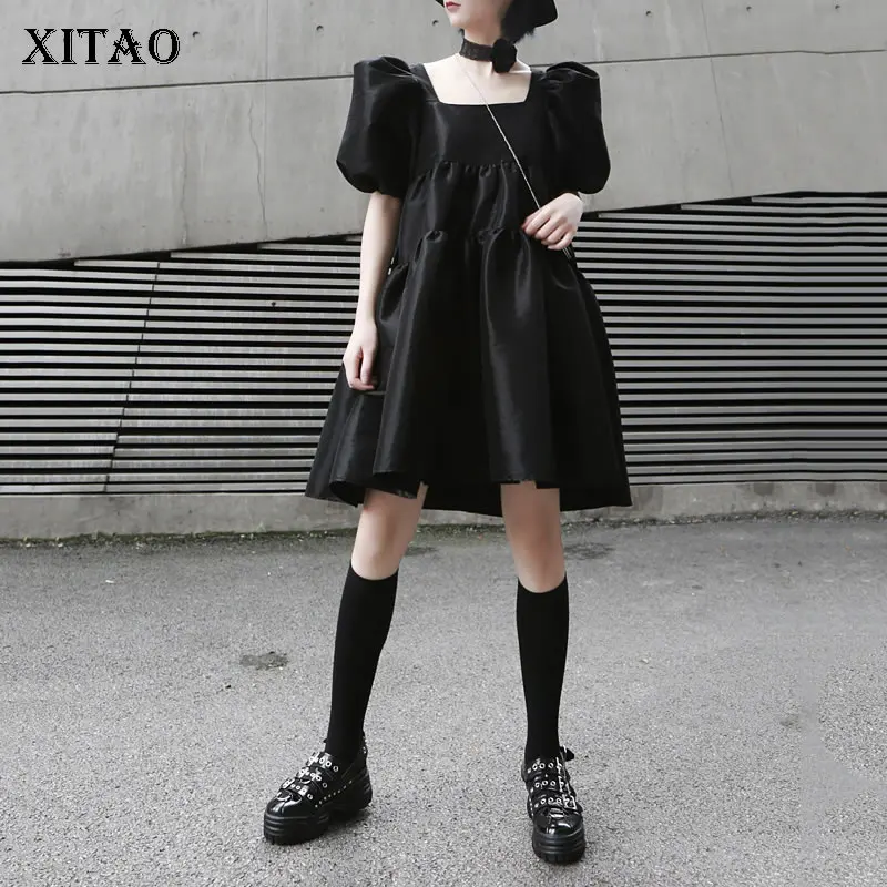 XITAO Vintage Waist Dress Women Clothes 2019 Square Collar Wild Joker Pullover Autumn Puff Sleeve Elegant WQR1228 | Женская одежда