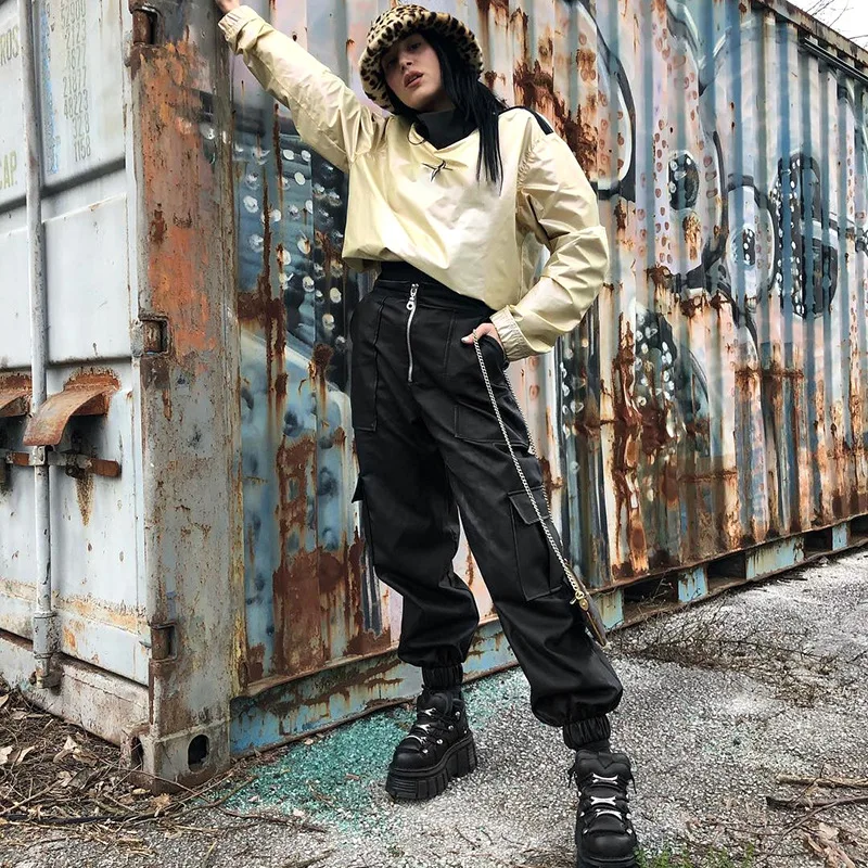 Liva Молния Fly Harajuku Высокая талия женские брюки повседневные Модные свободные