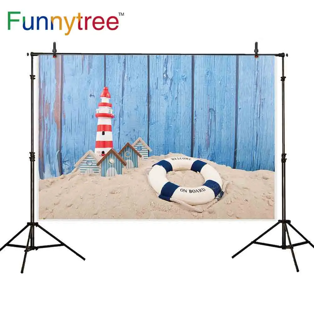 

Funnytree backdrops for photography studio blue wood wall sand beach summer Lifebuoy lighthouse children background photocall