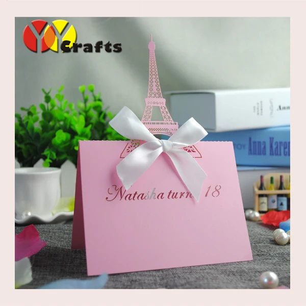 

100PCS newest design lovely pink Eiffel place card seat card with personalize wedding name and date on it for table decoration