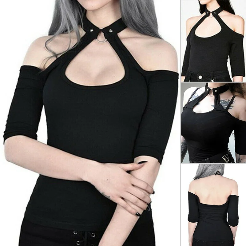 Женский черный топ с открытыми плечами и вырезом чокер футболка открытой спиной