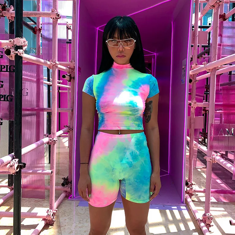 Women Rainbow Fitness Clothing Suit Two Piece Sportswear Short Pants Suits Crop Top Skinny Fluorescent Shorts Legging Tracksuit |