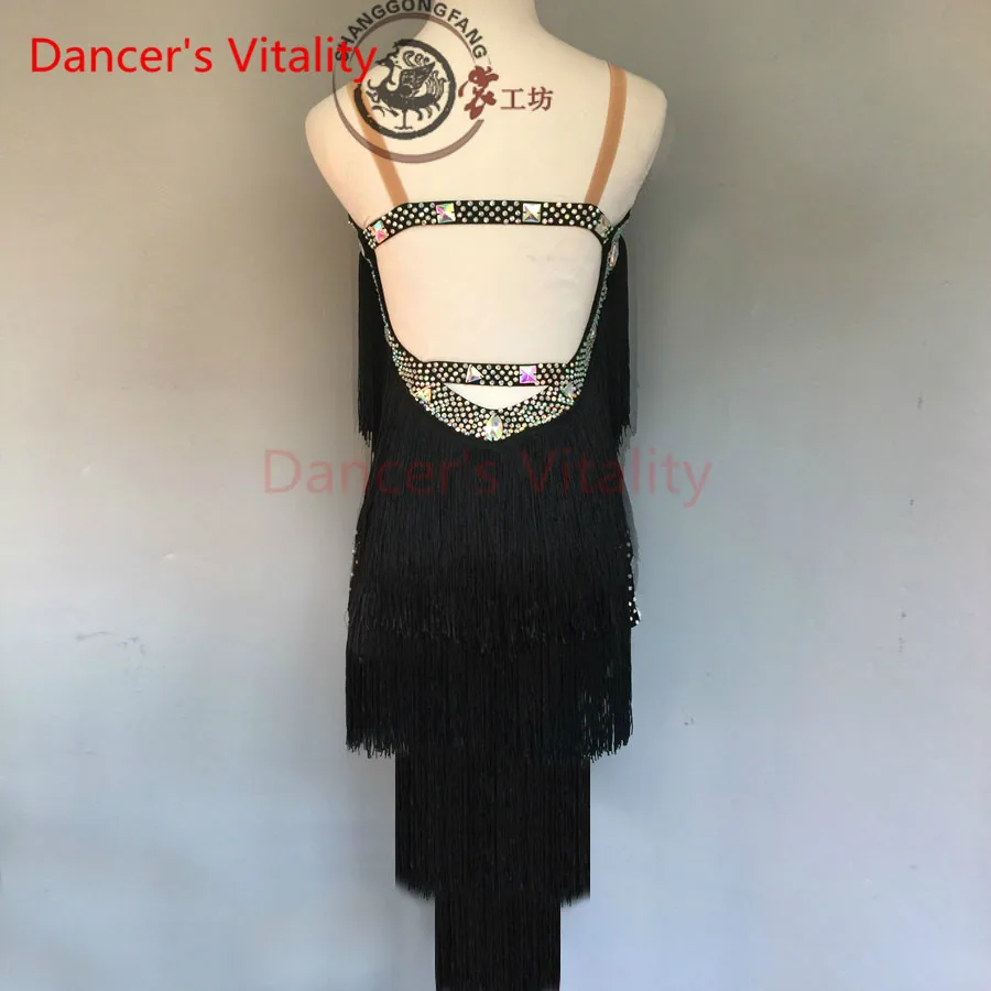 

Dancer's Vitality New Brand Tassel Harness Diamond Latin Dance Dress Women's Samba Salsa Tango Dress For Cha Cha Dance Dress
