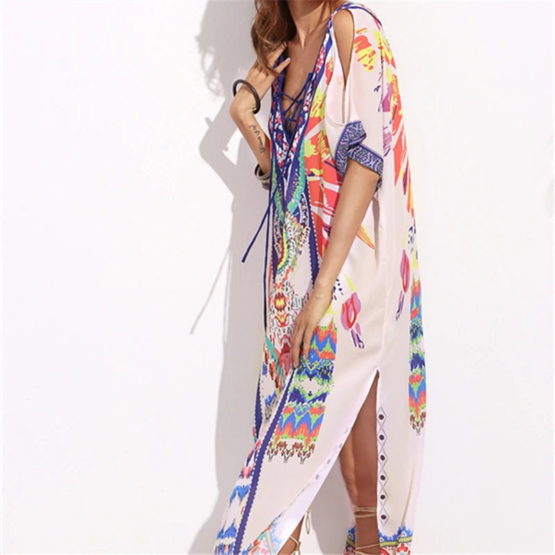 Brand Fashion Printed Kaftan Dress Back Hollow Open Fork Sexy Tied Rope Party Dresses Soft Womens Clothing #D102 | Женская одежда