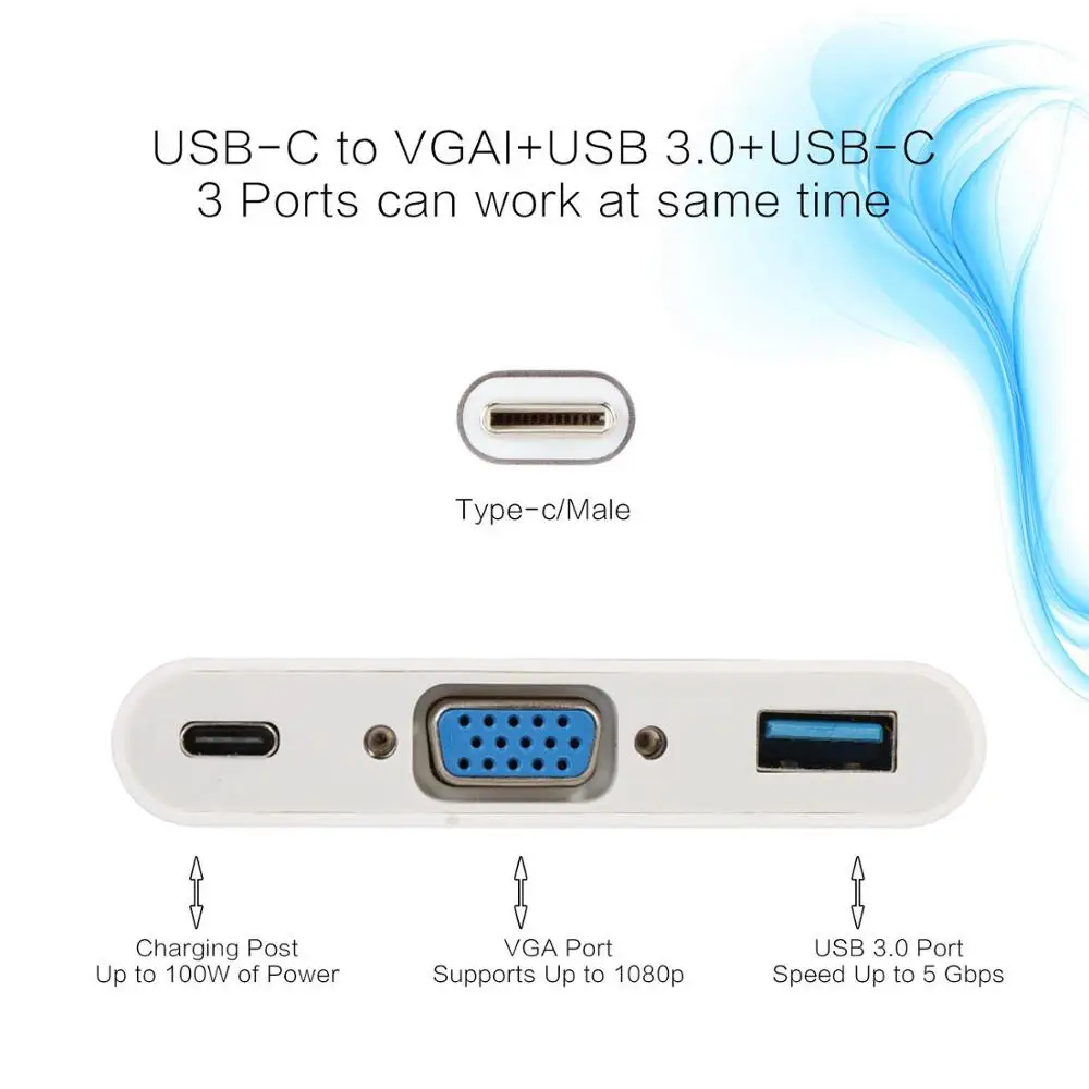 3 в 1 многопортовый USB TYPE C адаптер VGA Тип видео конвертер Кабель Женский/USB 0
