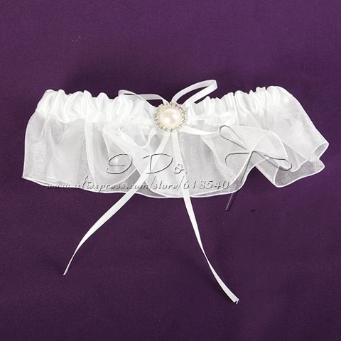 

Free Shipping White Satin And Organza Wedding Garter With Ribbon And Pearl /2013 New Arrival/Bridal Garter