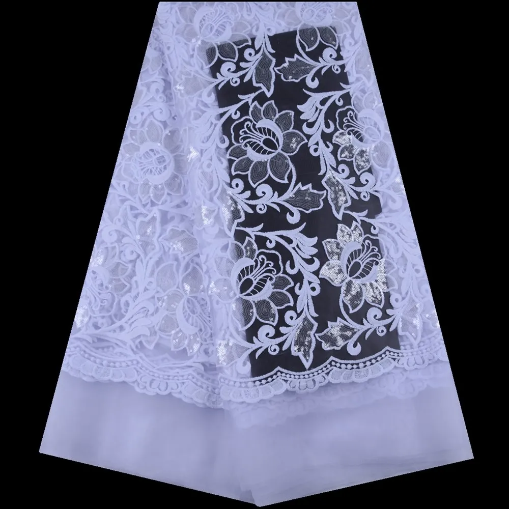 Latest Royal Blue African Embroidery Tulle Lace Fabric High Quality French Milk Silk Lace Fabric With Sequins 5 Yards 1611