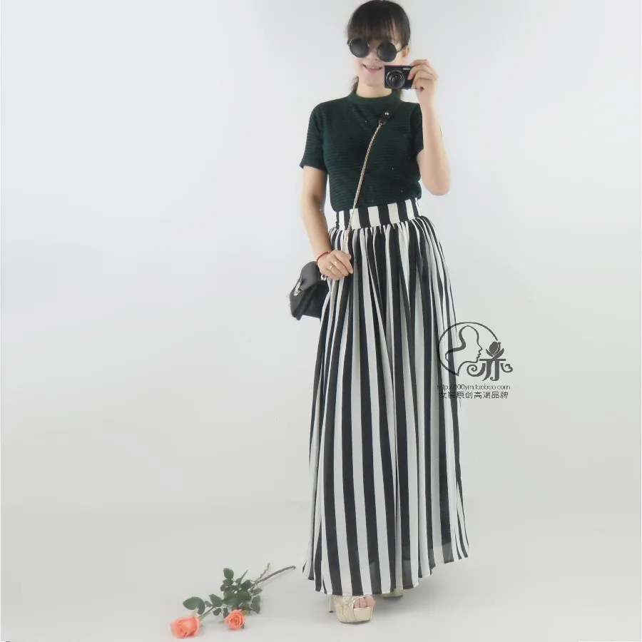 

Women Maxi Plus Size XXS-8XL Black and White Vertical Stripe Chiffon Skirt Ladies Elegant High Waisted Long Skirts Saias Longa