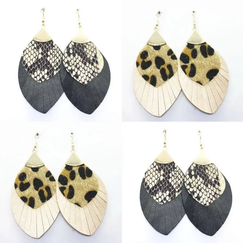 ZWPON Многослойная искусственная кожа под леопарда перо серьги женские кожаные