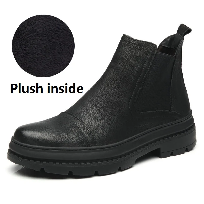 Plus Size 38-47 Chelsea Boots Men Winter Shoes Black Genuine Leather Thick sole Mens Footwear Warm Plush nonslip snow boots - Цвет: Plush inside