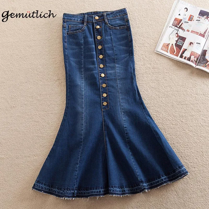 

GEMUTLICH Plus Size XS-8XL Women Denim Trumpet Mermaid Skirt Spring Autumn Jeans Bodycon Ankle Long Skirts Button