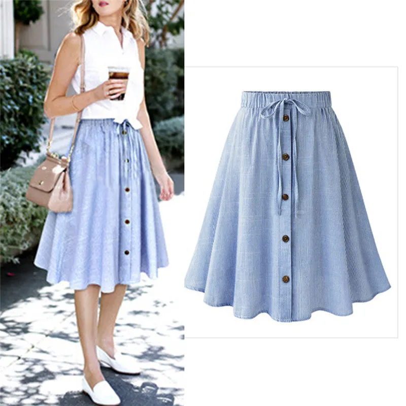 Женская однобортная юбка в полоску с высокой талией расклешенная оборками лето