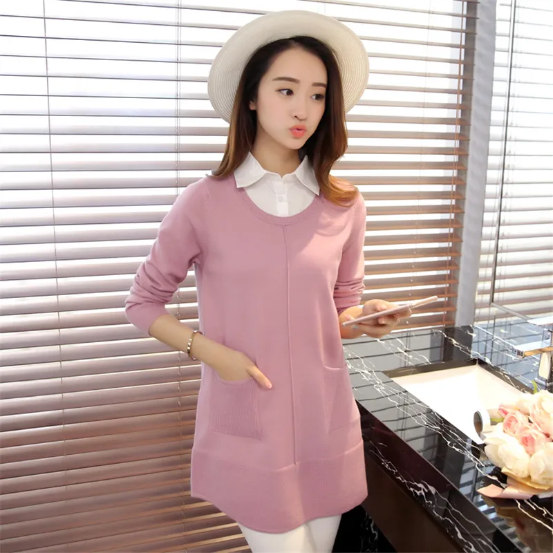 2019 Autumn New Loose Women Pullover Sweater Long Section Fake Two Shirt Collar Knitwear Jacket A1818 | Женская одежда
