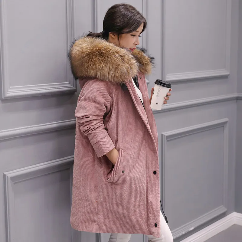 Женский вельветовый пуховик со съемной подкладкой пальто с большим воротником