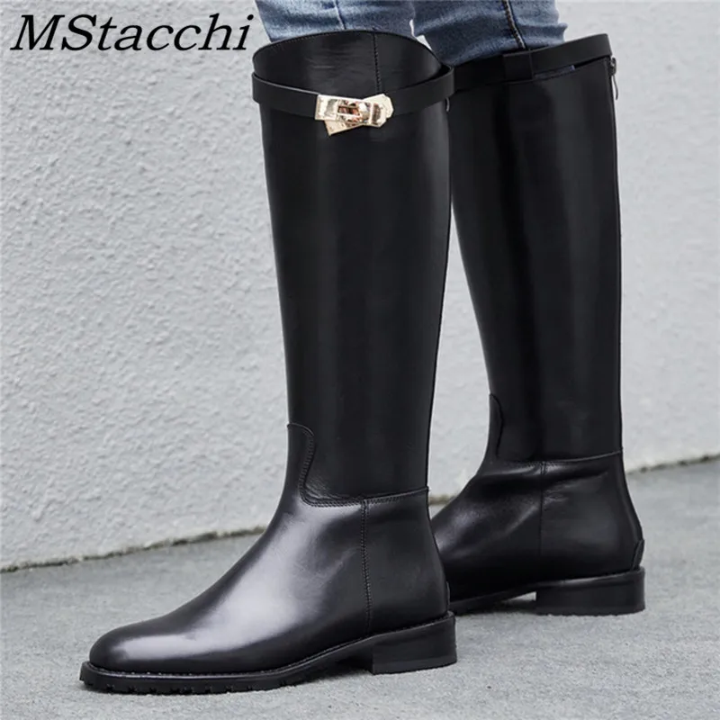 

Women Motorcycle Boots Shark Buckle Women High Knee Boots Zipper Round Toe Genuine Leather boots female Women Designer Shoes