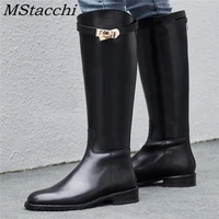 women motorcycle boots shark buckle women high knee boots zipper round toe genuine leather boots female women designer shoes