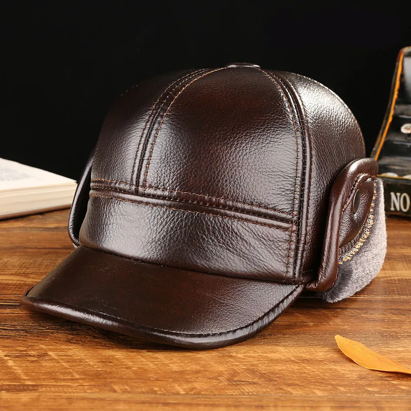 Модная бейсболка 100% шапка из воловьей кожи толстая осенне зимняя теплая с ушками