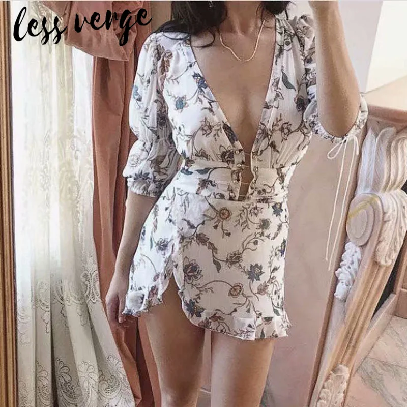 Lessverge V образным вырезом boho сексуальное шифоновое платье мини с пышными рукавами