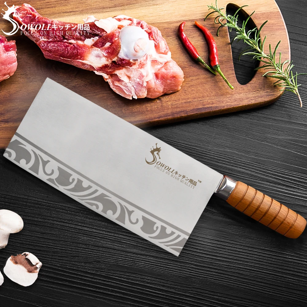 SOWOLL 9 дюймов китайский мясной нож шеф-повара Кливер 7Cr17 нож из нержавеющей стали разделочный кухонный нож Utral острые кухонные аксессуары