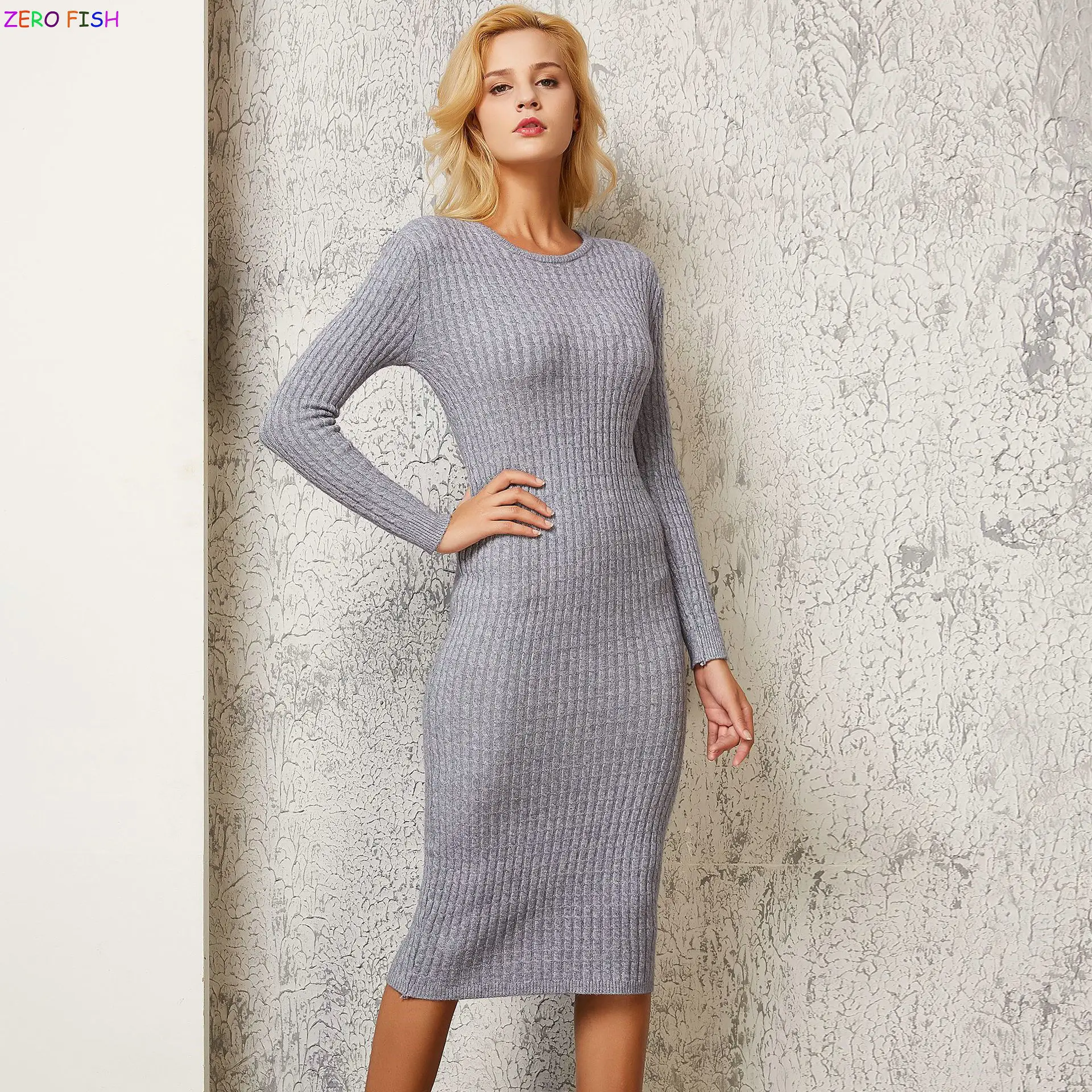 Женское трикотажное платье-свитер с круглым вырезом в европейском и