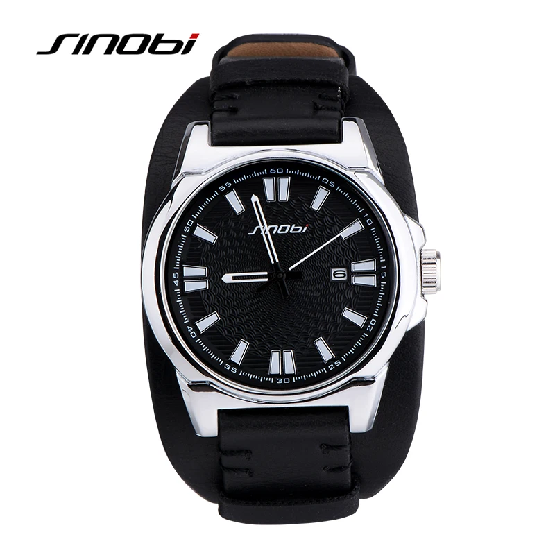 

SINOBI Auto Date Analog Quartz Watch Men Military Watches Waterproof Leather Strap Sports Watch Hour erkek saati montre homme
